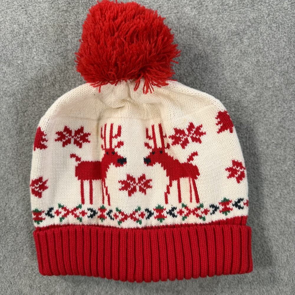 Hanna Andersson Knit Pom Pom Hat Small 1-3 Yrs Reindeer Christmas Fair Isle Red